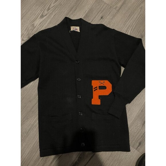 Vintage 1940’s-60’s Venus Black Wool Varsity Cardigan Sweater Letterman Size 40 - Picture 1 of 16